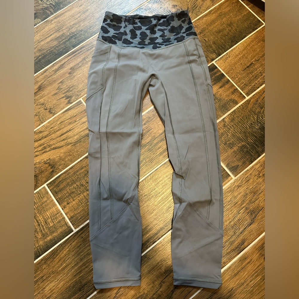 Lululemon All the Right Places leggings, gray with cheetah print band, size 4